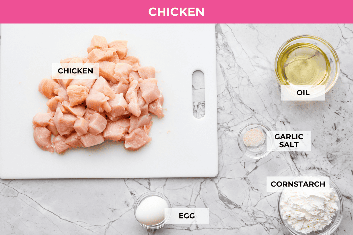 Overhead shot of labeled honey butter chicken ingredients.