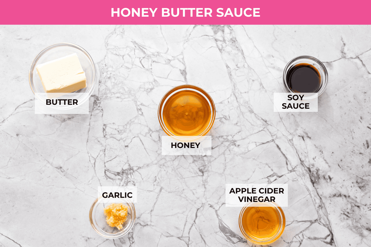 Overhead shot of labeled honey butter chicken sauce ingredients.