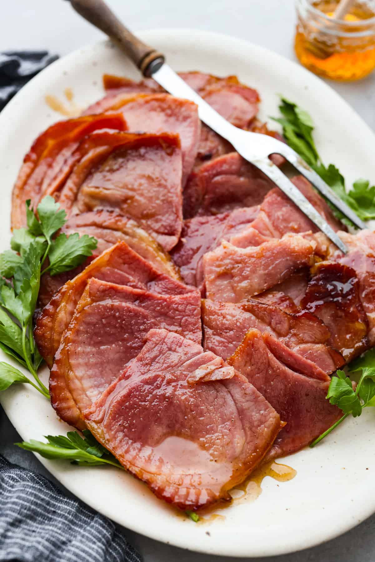 Platter of honey ham for Christmas dinner. 