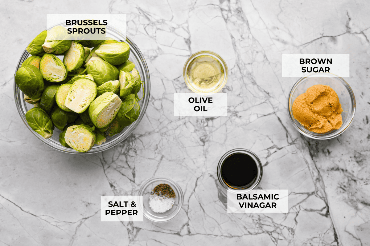 Overhead shot of labeled brown sugar Brussels sprouts ingredients.
