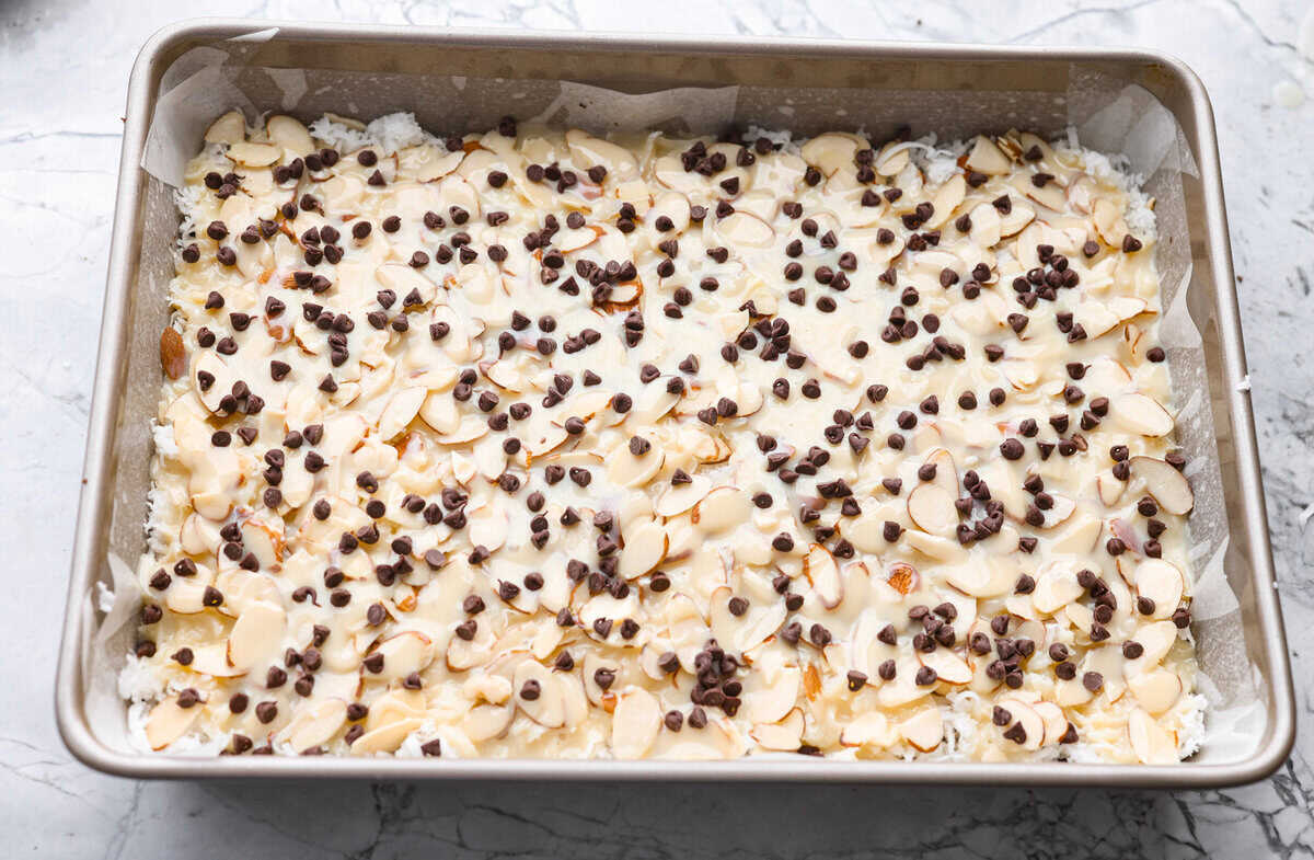 A few more chocolate chips sprinkled over the top of the sweetened condensed milk.