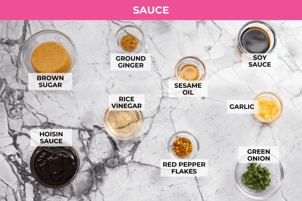 Skip the takeout and make this easy baked General Tso’s chicken at home! It’s crispy, saucy, and perfectly sweet with just the right amount of heat, no deep fryer required. Overhead shot of labeled sauce ingredients.