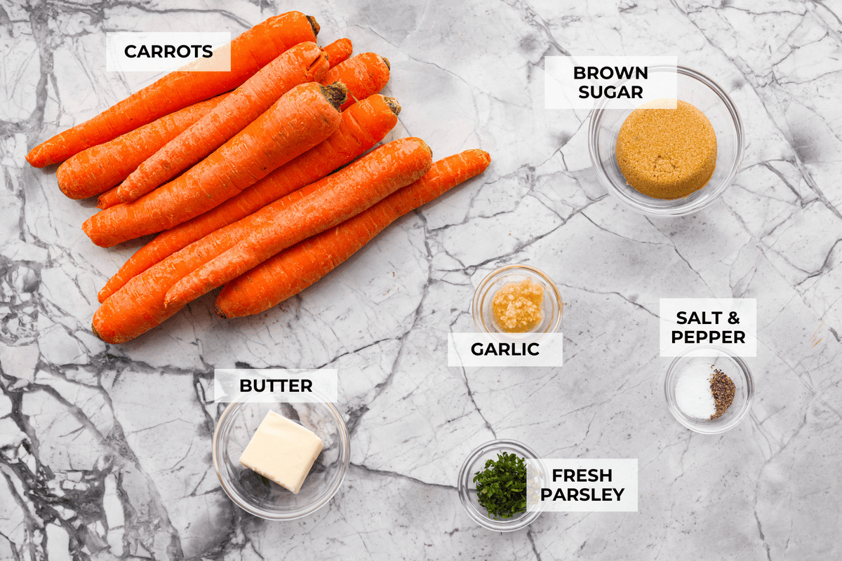 Overhead shot of labeled ingredients.