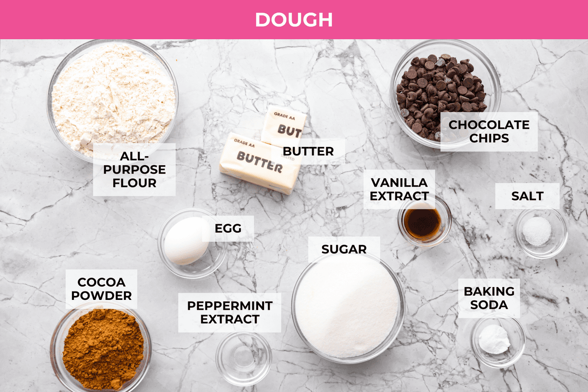 Overhead shot of labeled chocolate peppermint cookies ingredients.