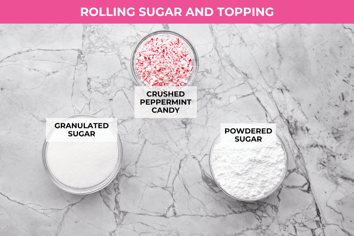 Overhead shot of labeled rolling sugar and topping ingredients.