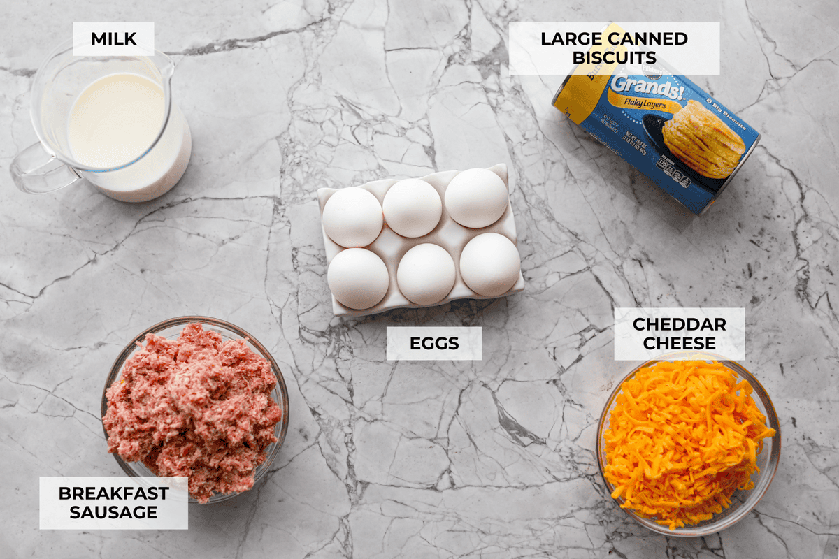 Overhead shot of labeled ingredients. 