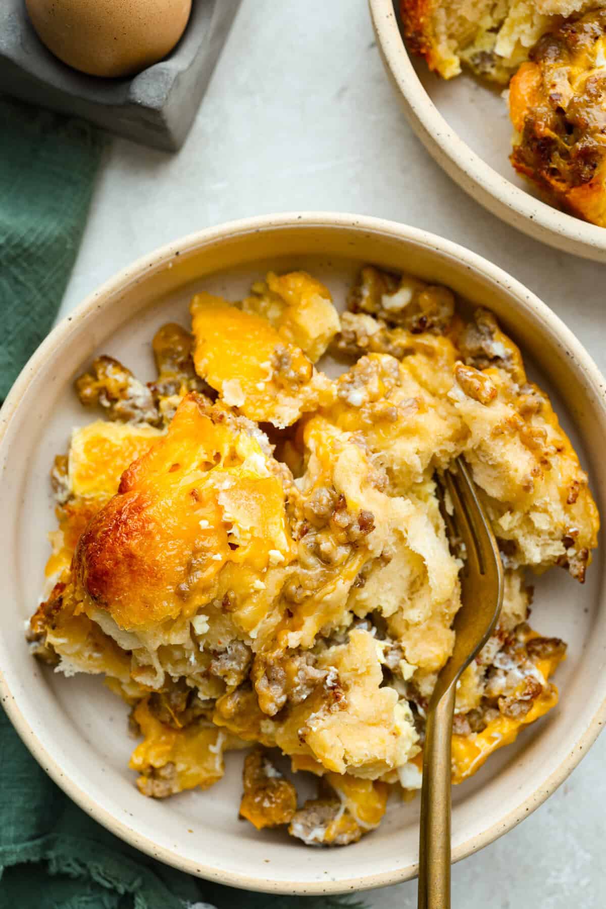 Serving of Christmas breakfast casserole. 