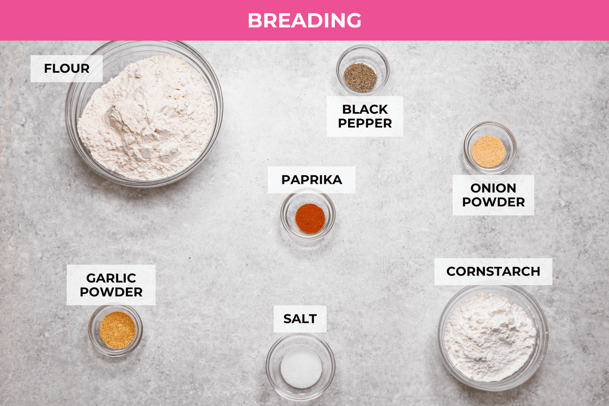 Overhead shot of labeled breading ingredients.