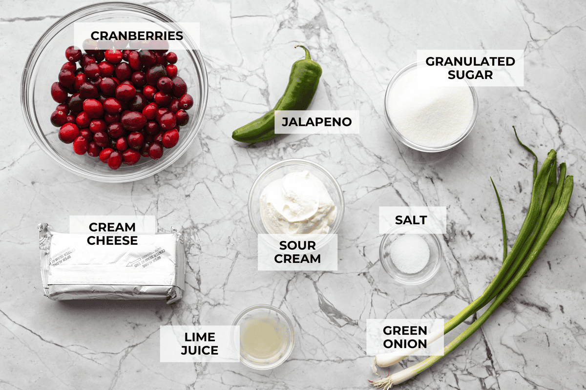 Overhead shot of labeled ingredients. 