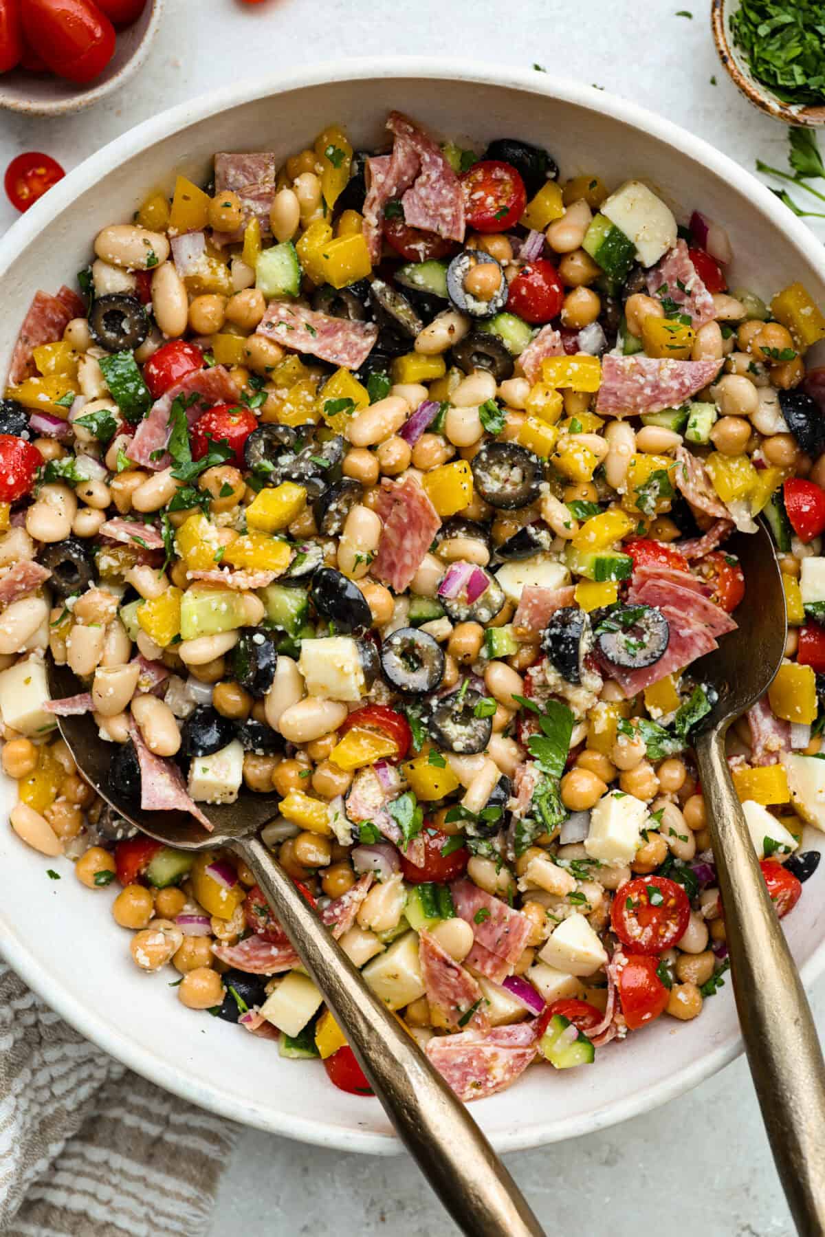 Overhead shot of a bowl of dense bean salad. 