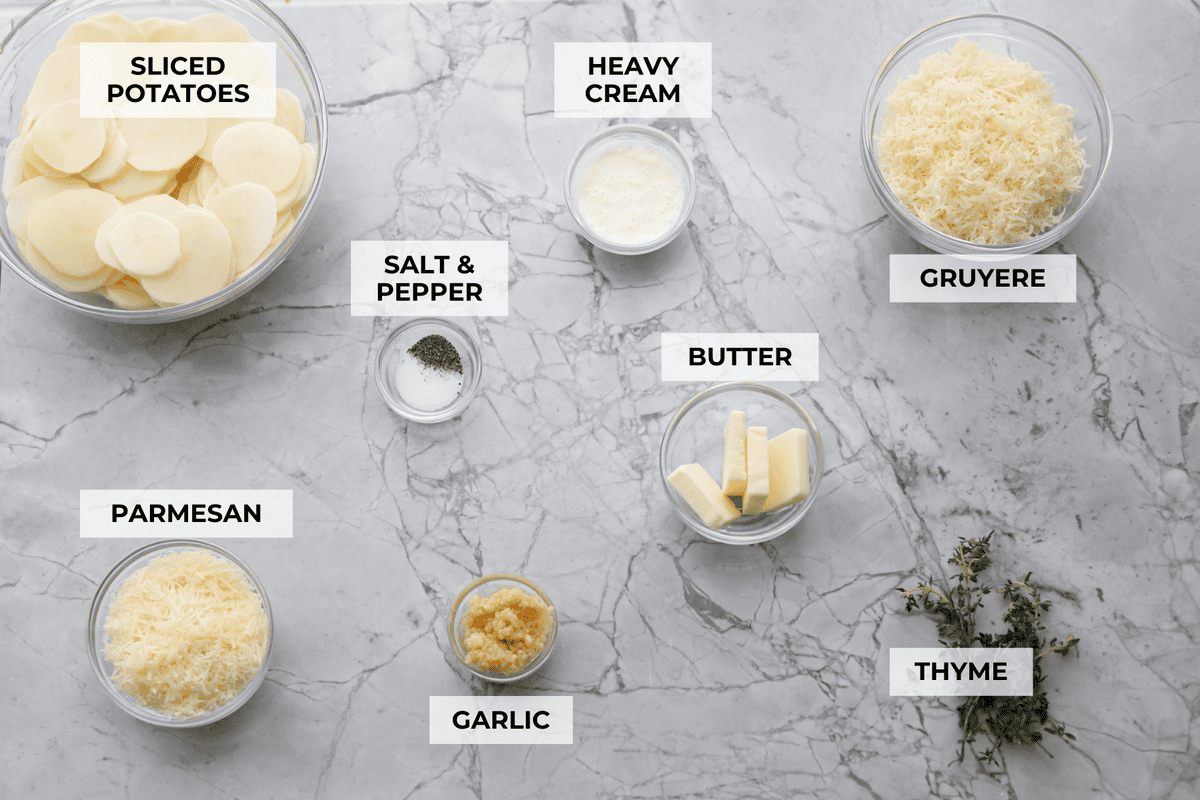 Overhead shot of labeled ingredients.
