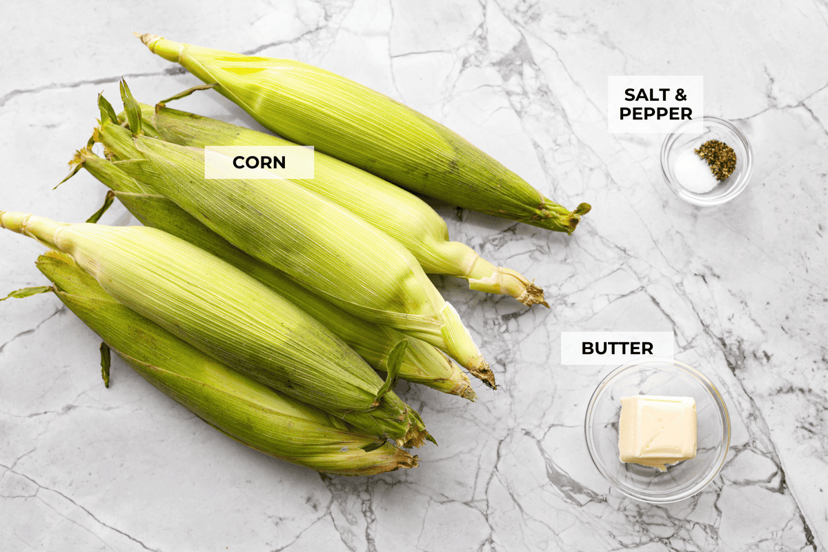 Overhead shot of labeled ingredients. 