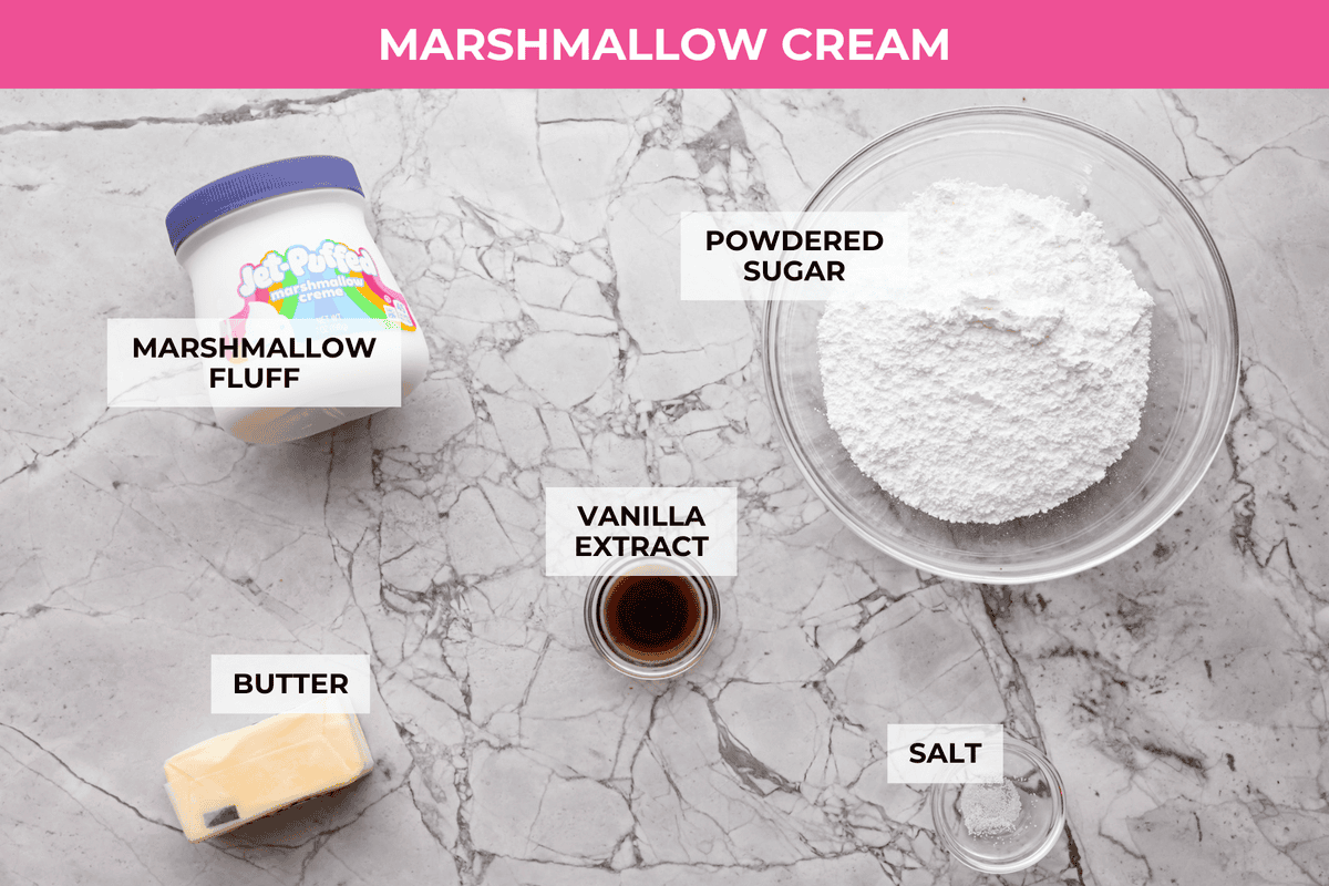 Overhead shot of labeled marshmallow cream ingredients.