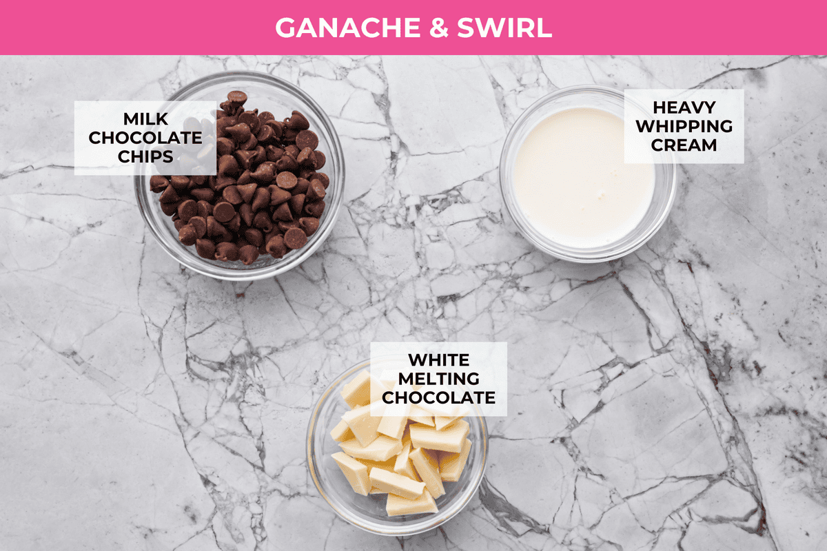 Overhead shot of labeled chocolate ganache and white chocolate swirl ingredients.