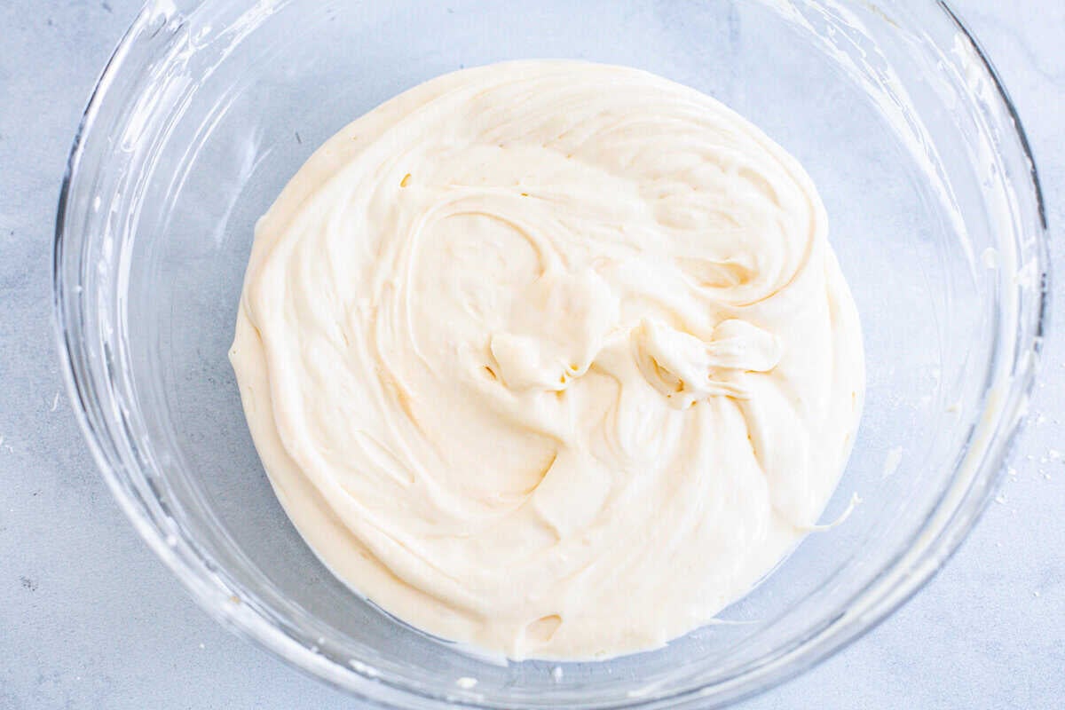 Overhead shot of a bowl of melted white chocolate.