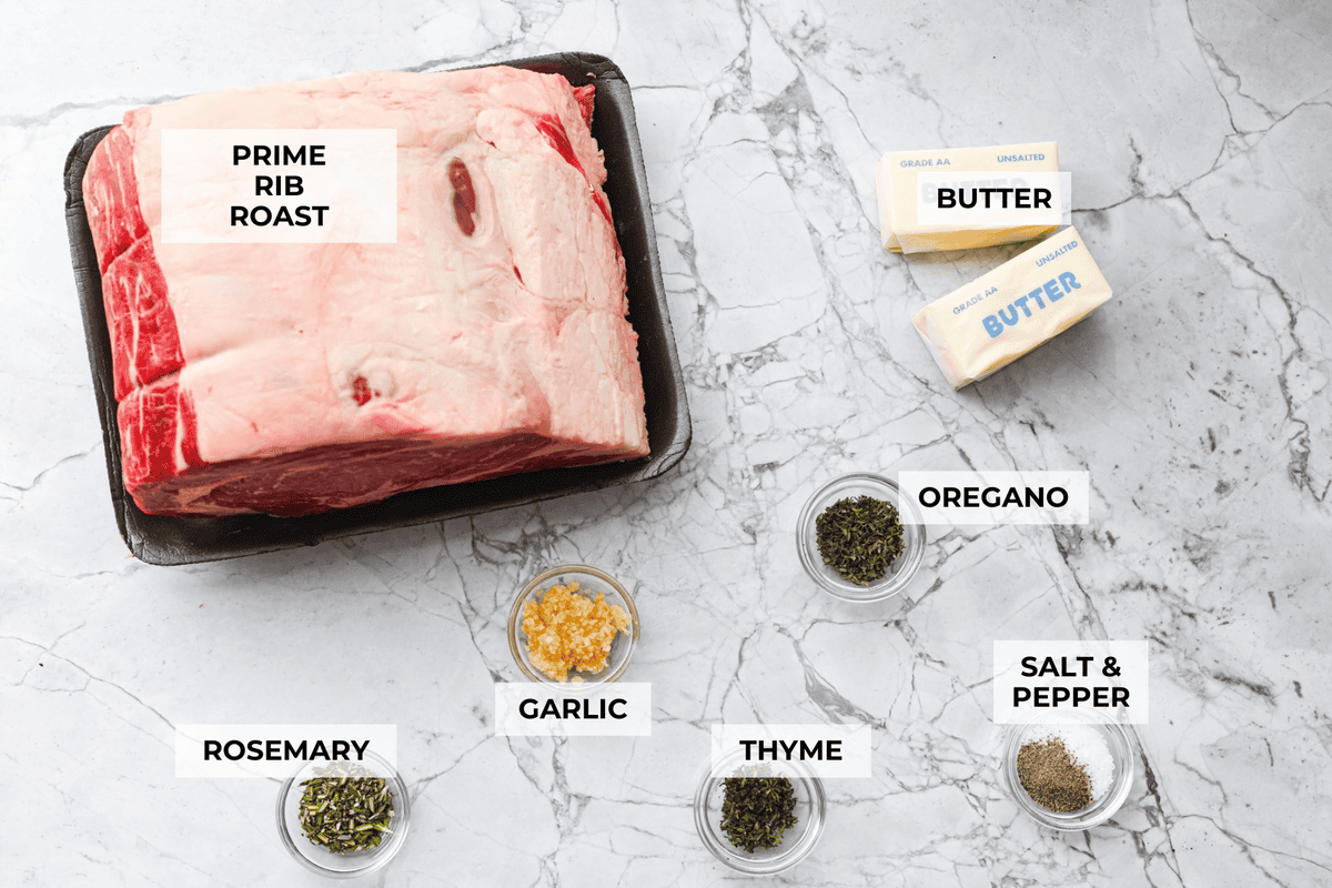 Overhead shot of labeled ingredients.