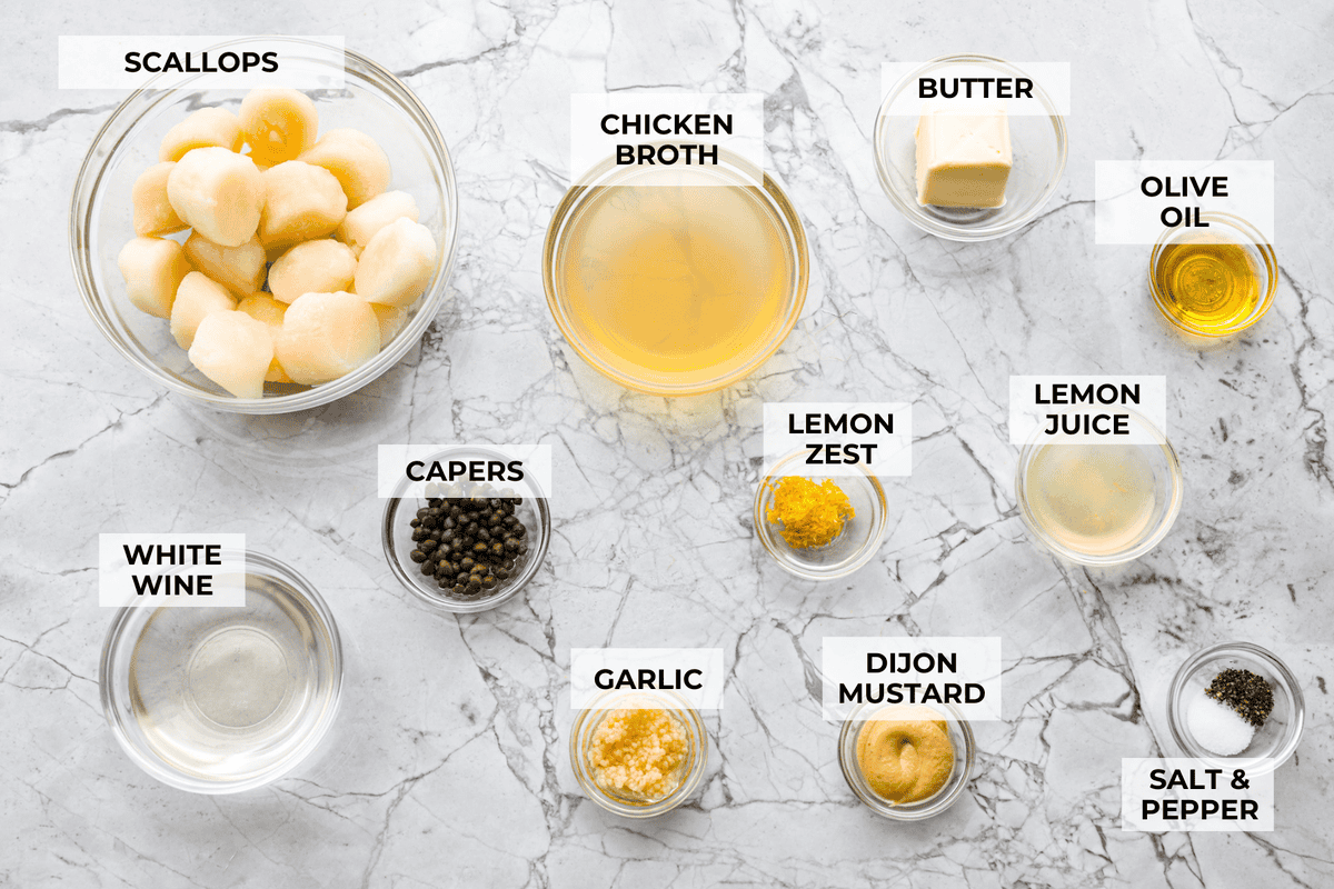 Overhead shot of labeled pan seared scallops ingredients.