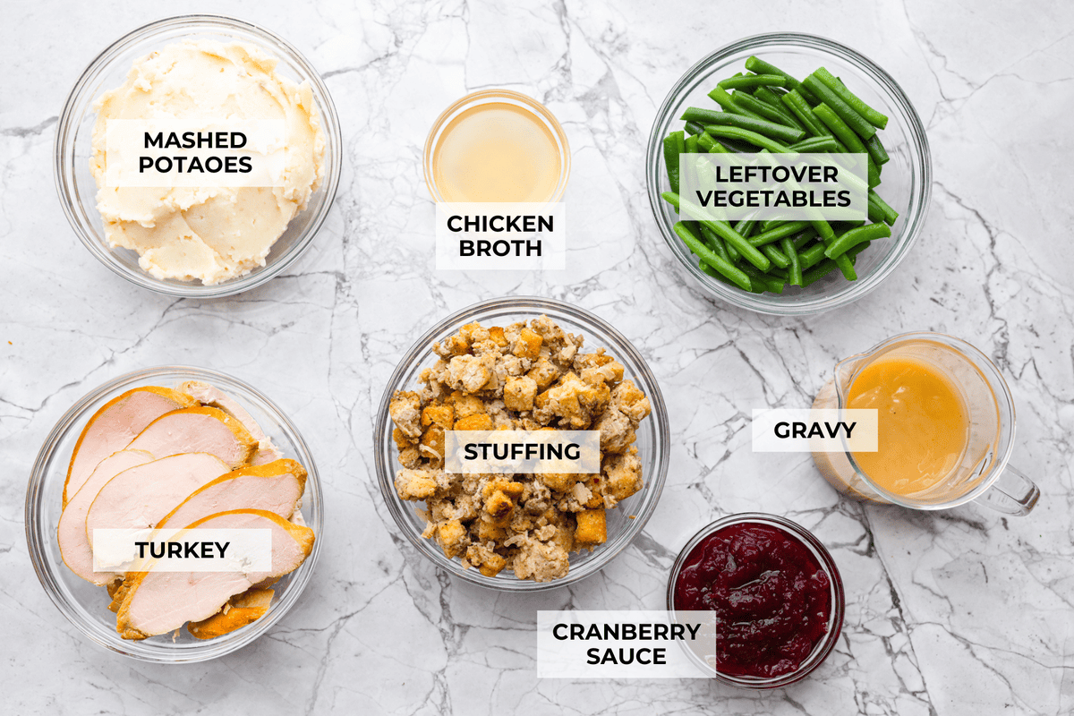 Overhead shot of labeled ingredients.