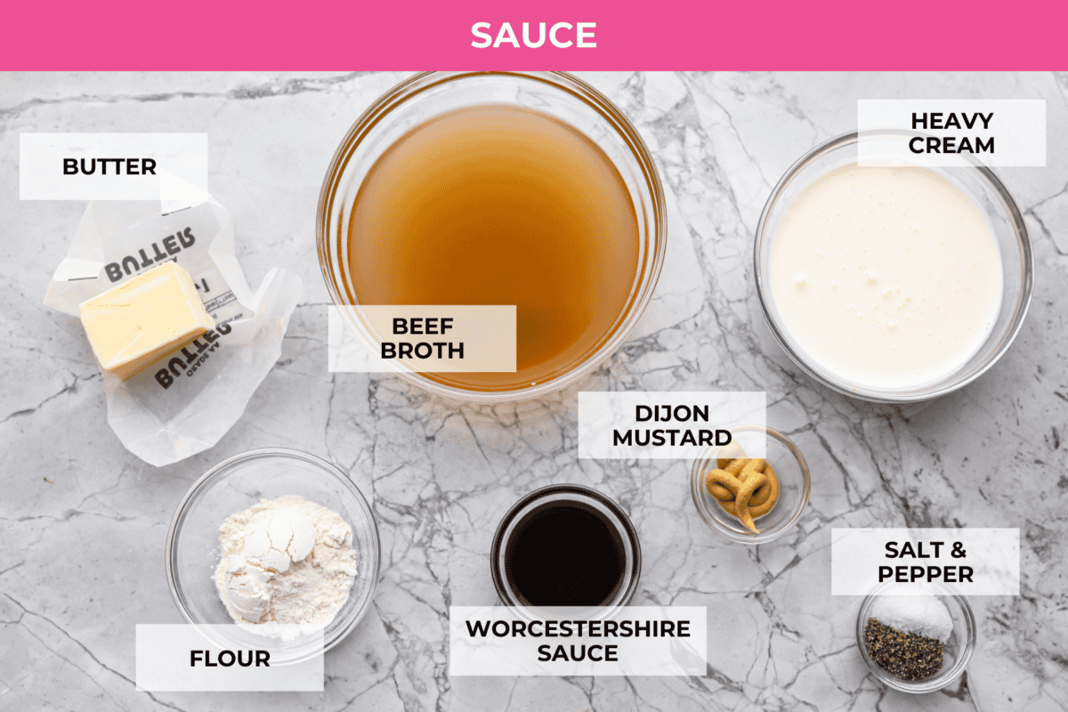 A top down shot of the ingredients for the Swedish meatball sauce. 
