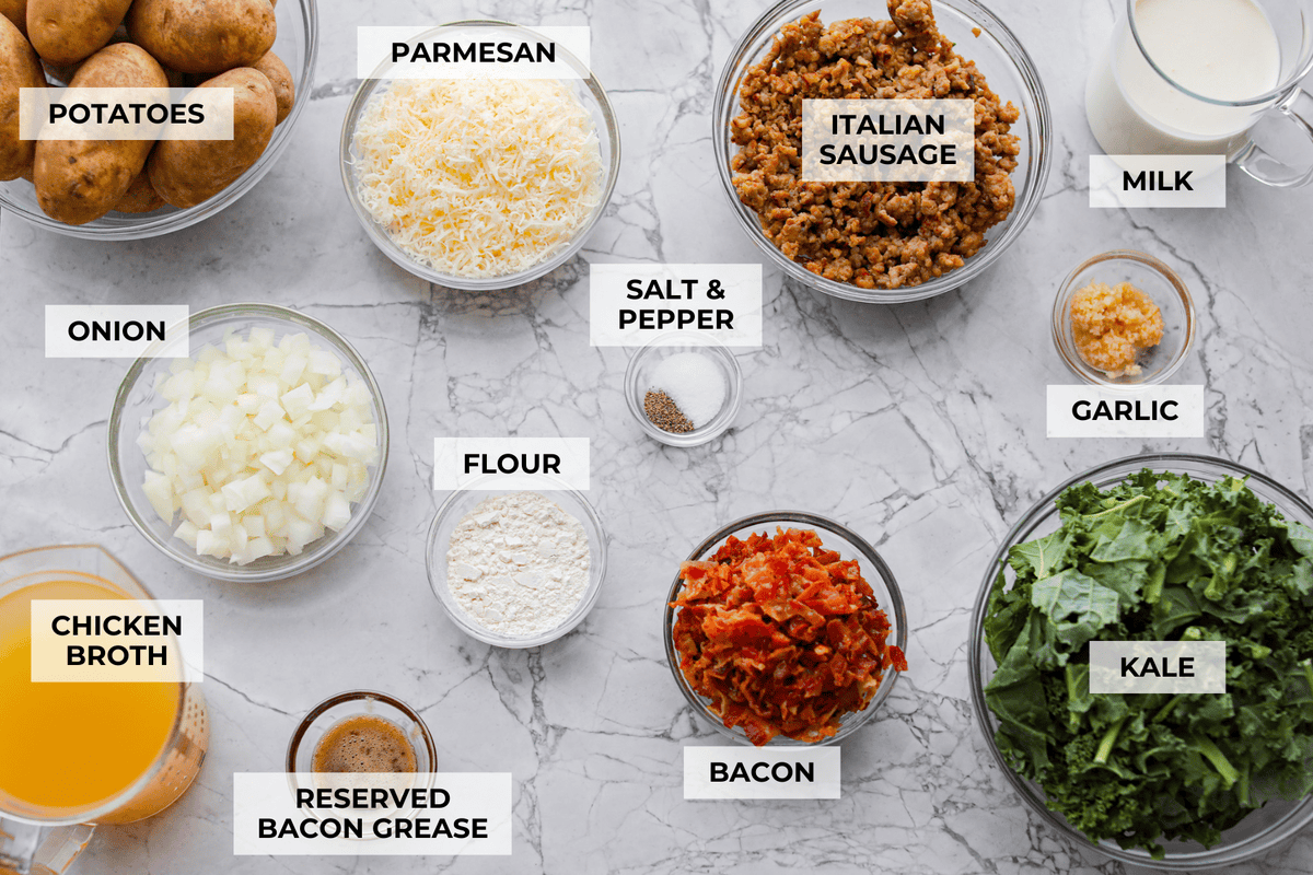 Overhead shot of labeled Zuppa Toscana casserole ingredients.