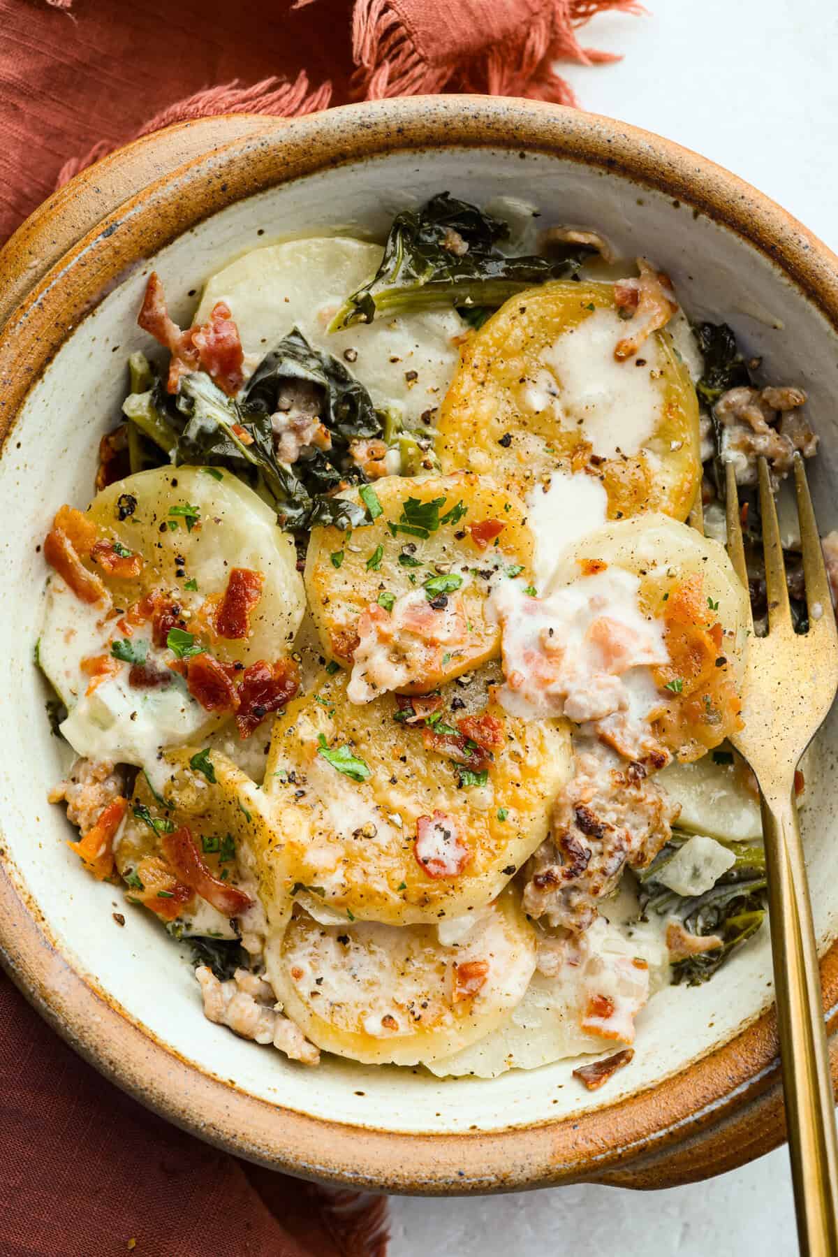 Serving size of Zuppa Toscana casserole in a bowl.